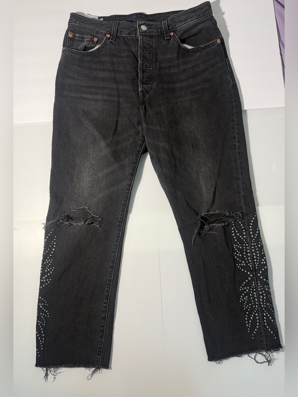 Levi’s Premium 501 OG Fit Dark Washed Distressed in Custom Rhinestone Embelished